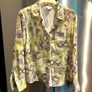 GVB snake skin print blouse button up collared brown lime italy made WOMENS 1XL